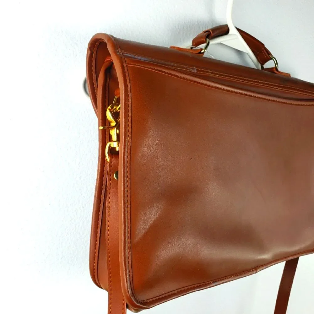 Unisex Brown Leather Clasp Closure Side Laptop Briefcase Bag Size Medium